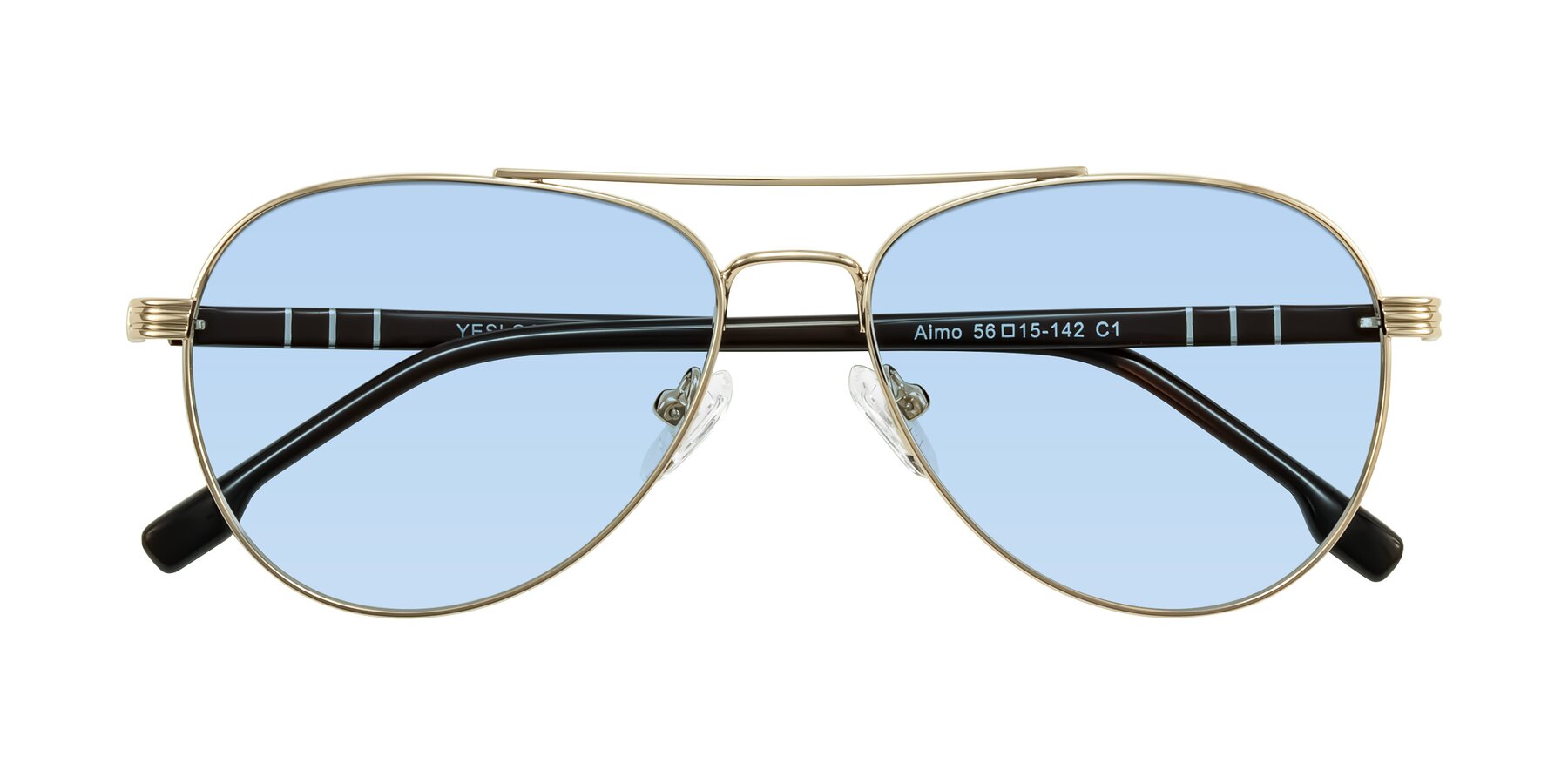 Folded Front of Aimo in Gold/Dark Brown with Light Blue Tinted Lenses