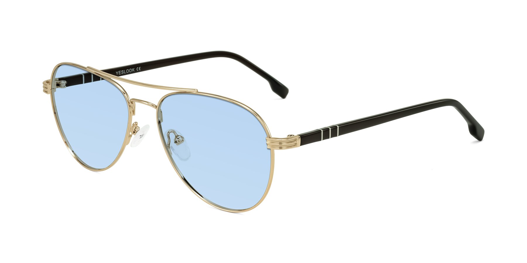 Angle of Aimo in Gold/Dark Brown with Light Blue Tinted Lenses