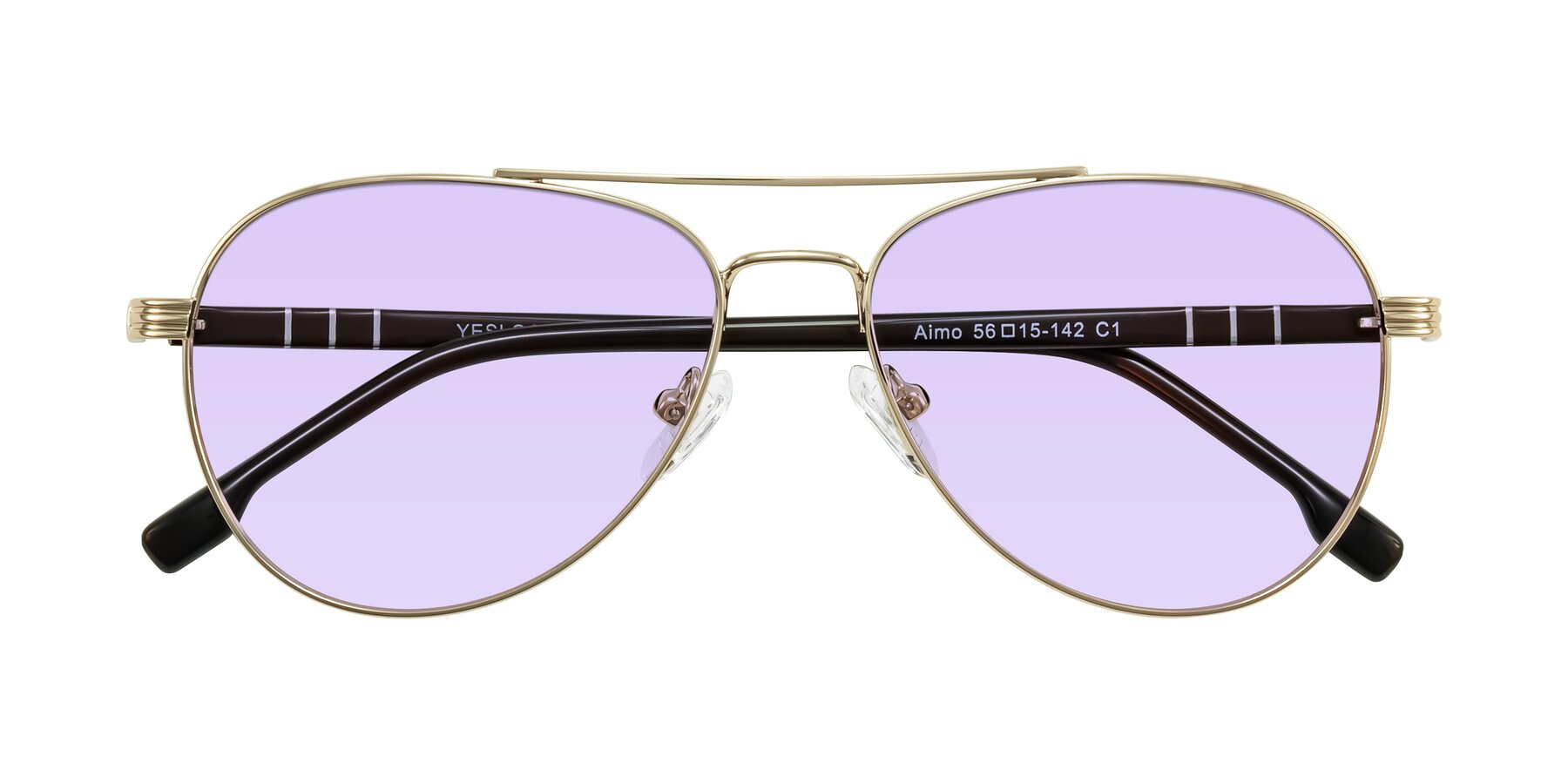 Folded Front of Aimo in Gold/Dark Brown with Light Purple Tinted Lenses
