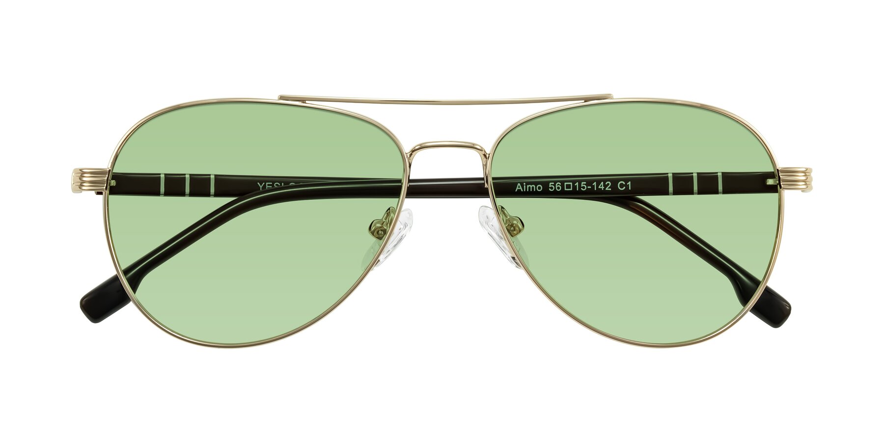 Folded Front of Aimo in Gold/Dark Brown with Medium Green Tinted Lenses