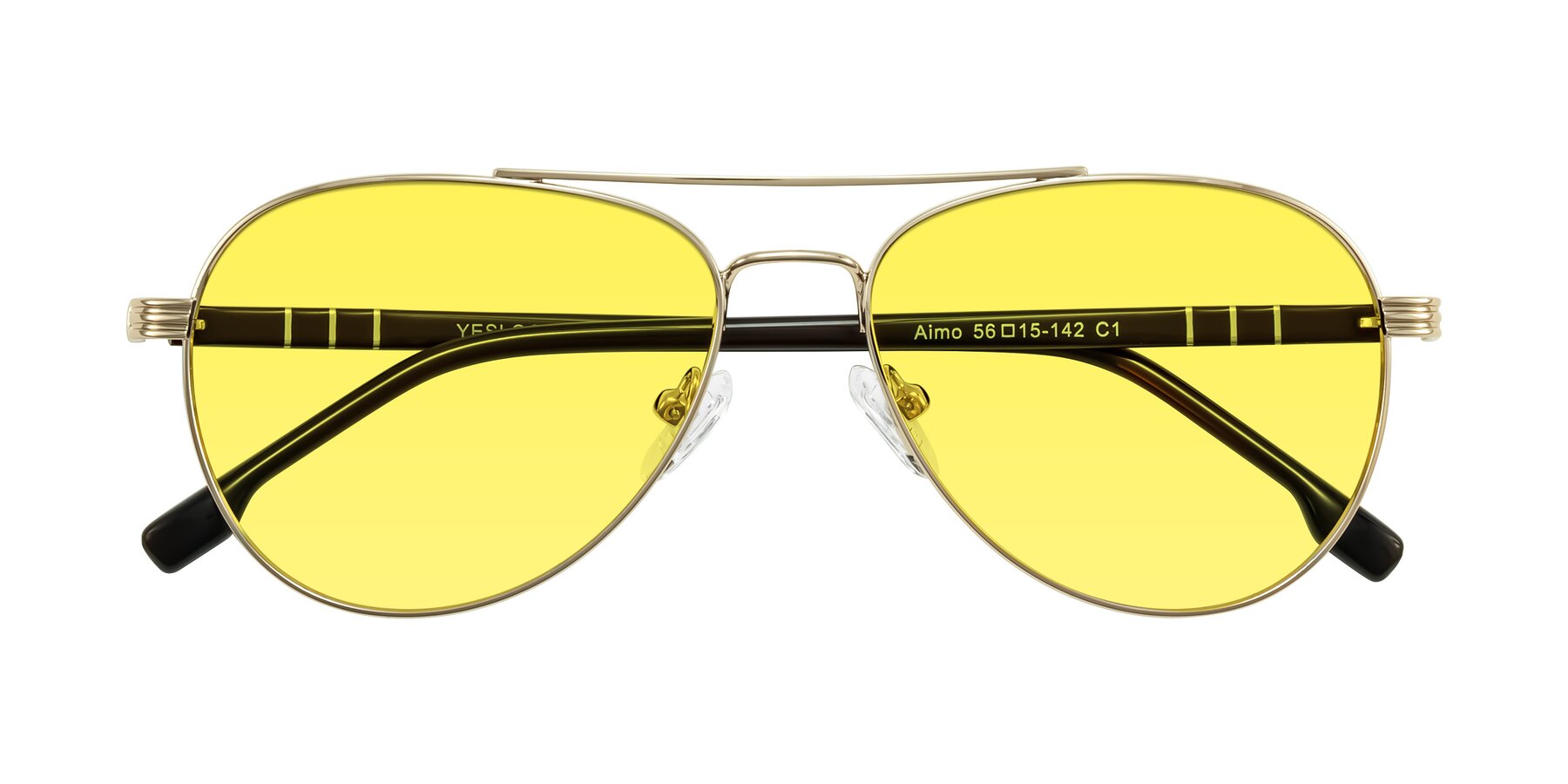 Folded Front of Aimo in Gold/Dark Brown with Medium Yellow Tinted Lenses