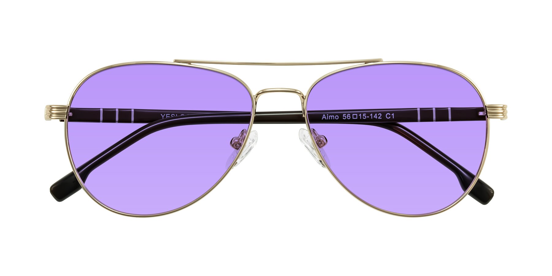 Folded Front of Aimo in Gold/Dark Brown with Medium Purple Tinted Lenses