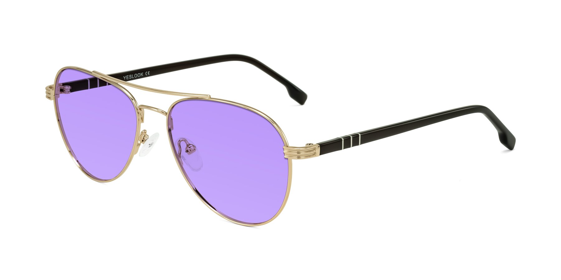 Angle of Aimo in Gold/Dark Brown with Medium Purple Tinted Lenses