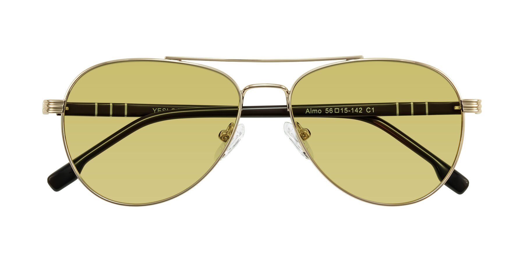 Folded Front of Aimo in Gold/Dark Brown with Medium Champagne Tinted Lenses