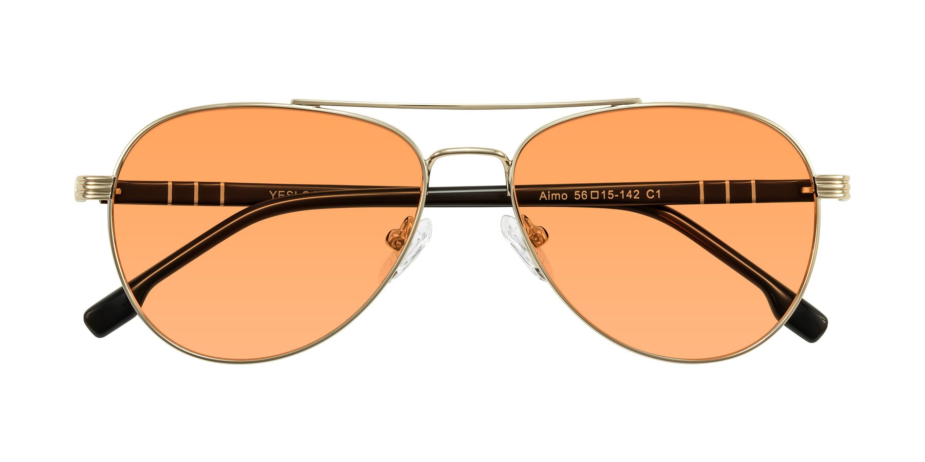 Folded Front of Aimo in Gold/Dark Brown with Medium Orange Tinted Lenses