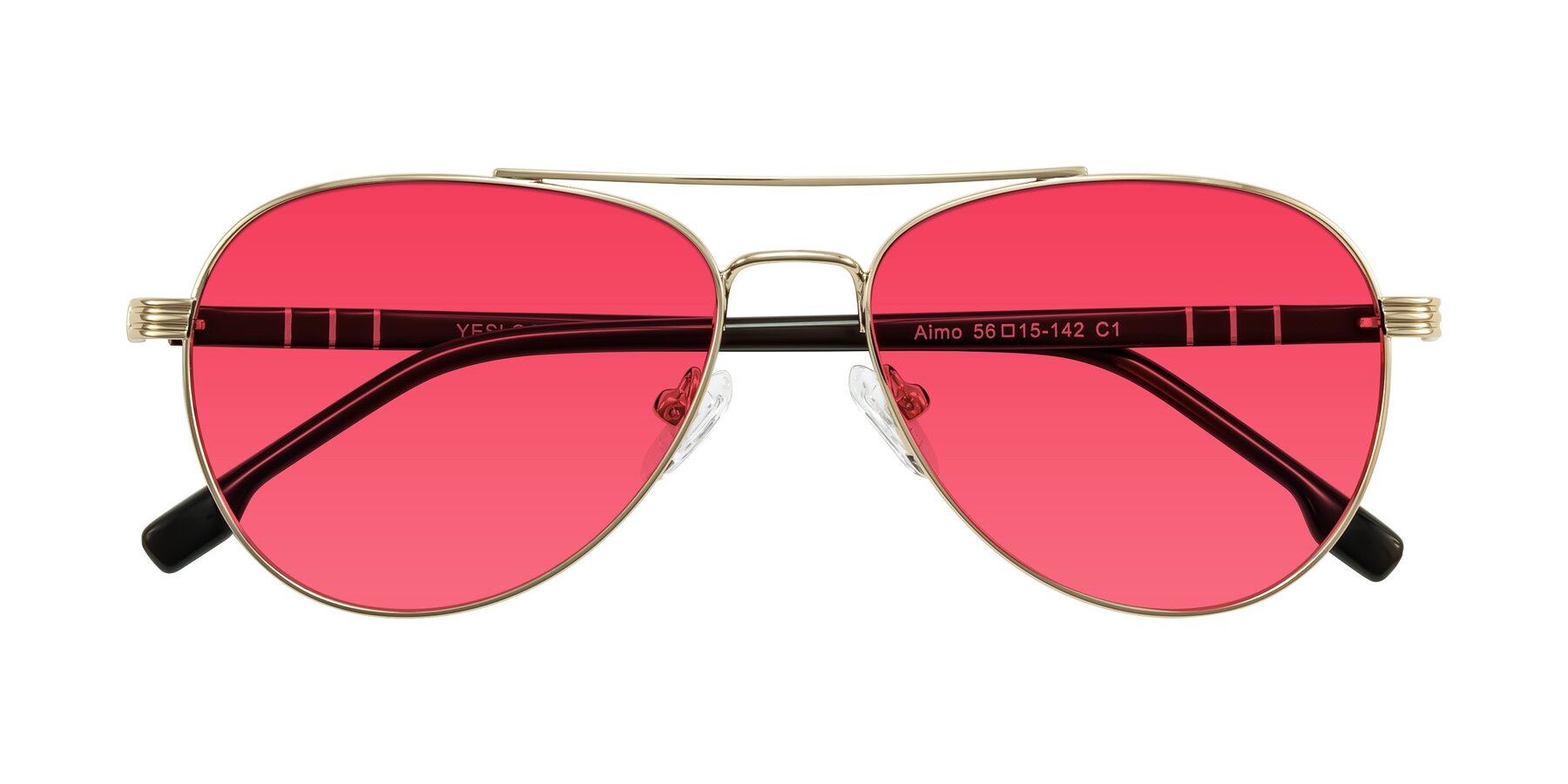 Folded Front of Aimo in Gold/Dark Brown with Red Tinted Lenses