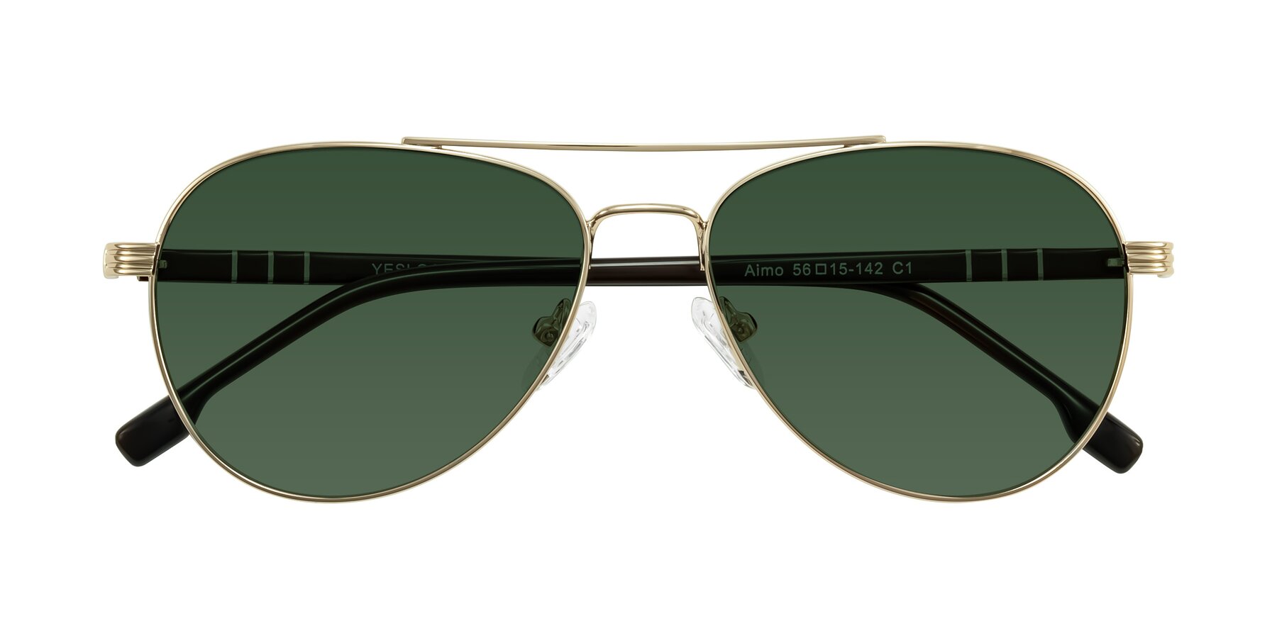Folded Front of Aimo in Gold/Dark Brown with Green Tinted Lenses