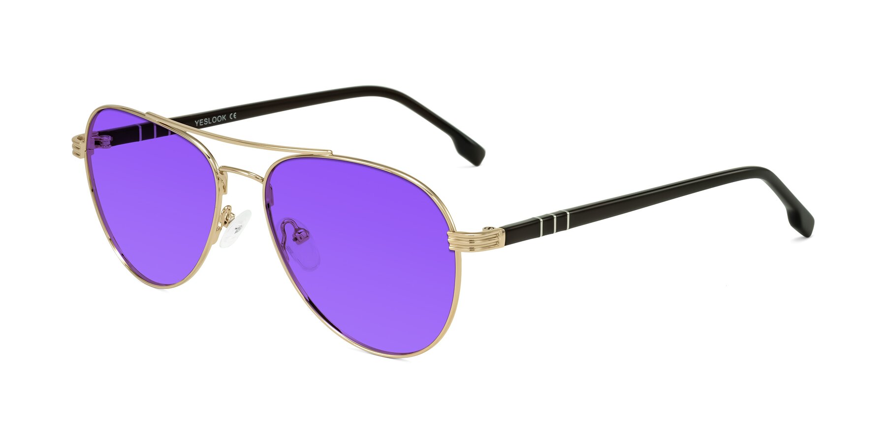 Angle of Aimo in Gold/Dark Brown with Purple Tinted Lenses