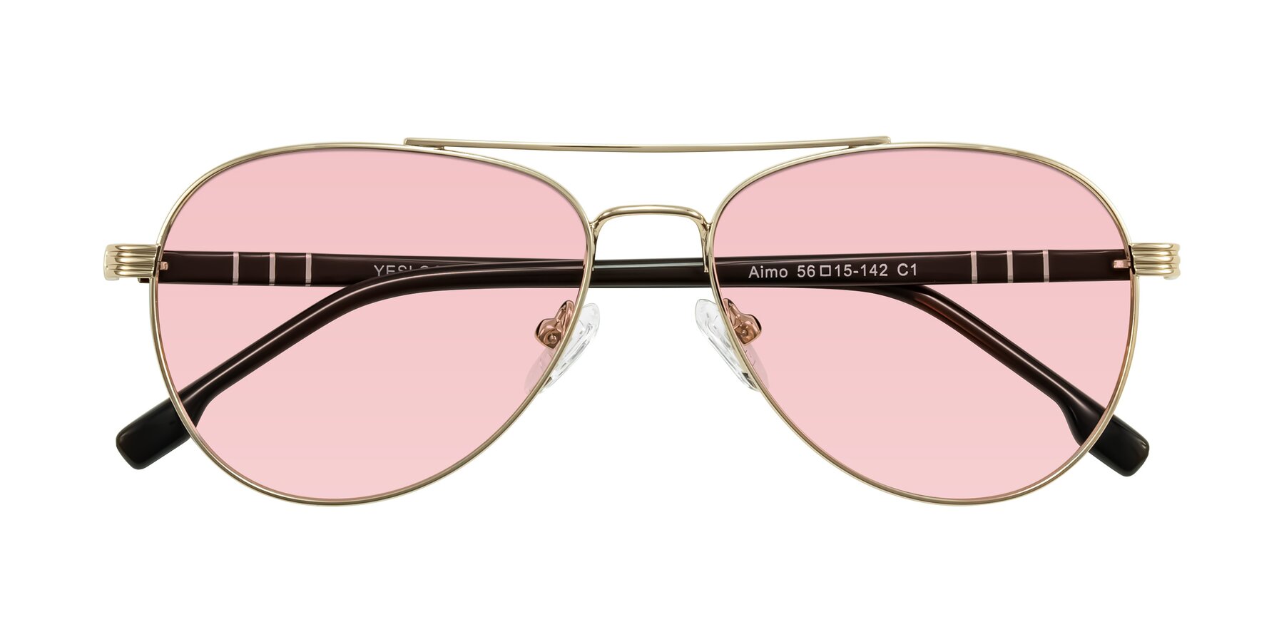 Folded Front of Aimo in Gold/Dark Brown with Light Garnet Tinted Lenses