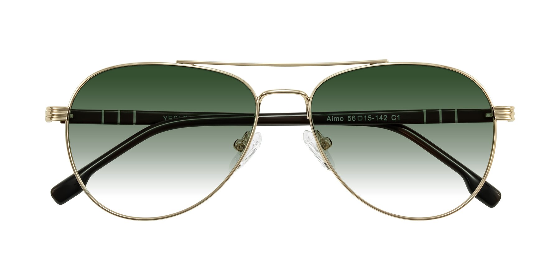 Folded Front of Aimo in Gold/Dark Brown with Green Gradient Lenses