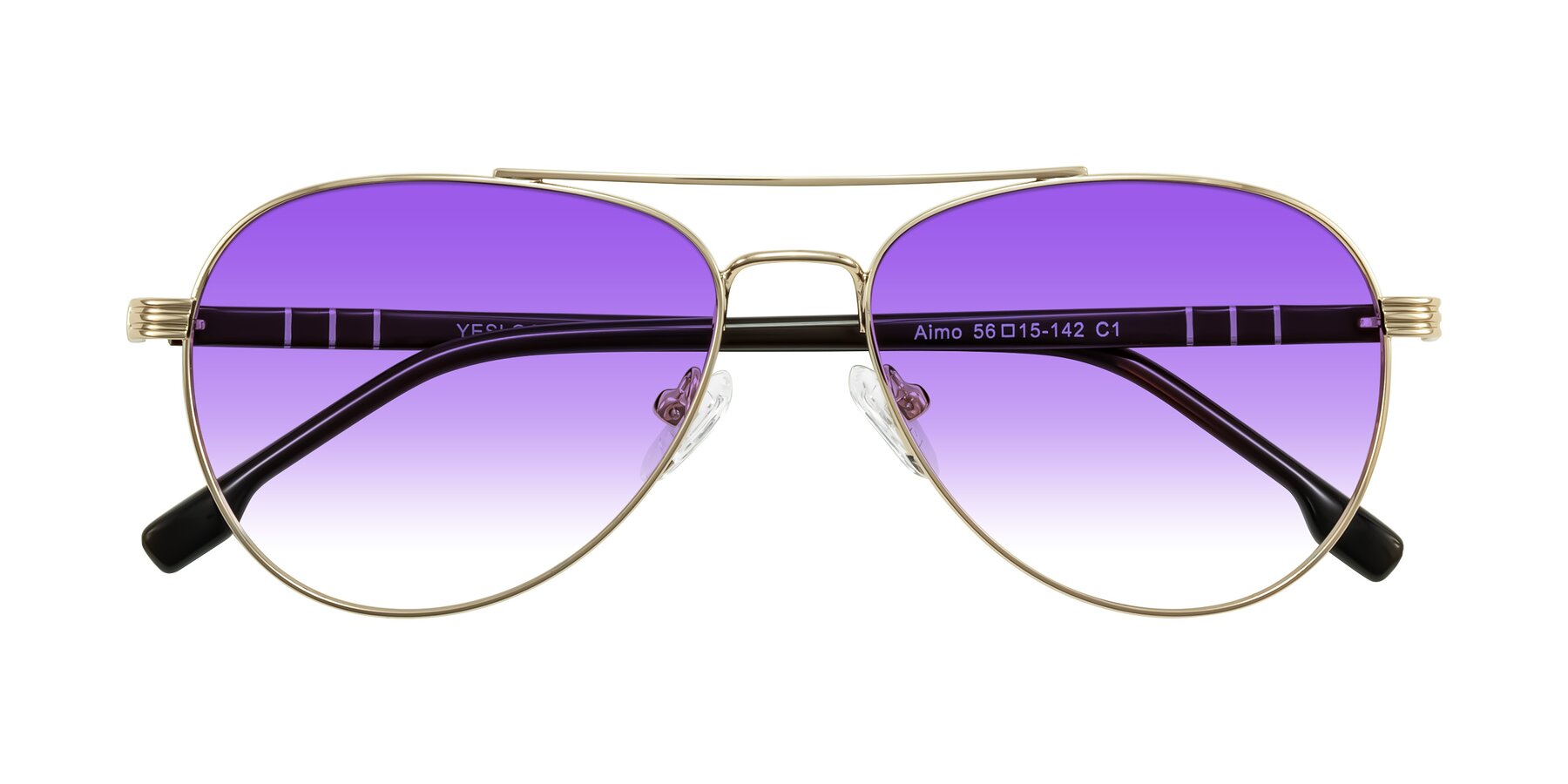 Folded Front of Aimo in Gold/Dark Brown with Purple Gradient Lenses