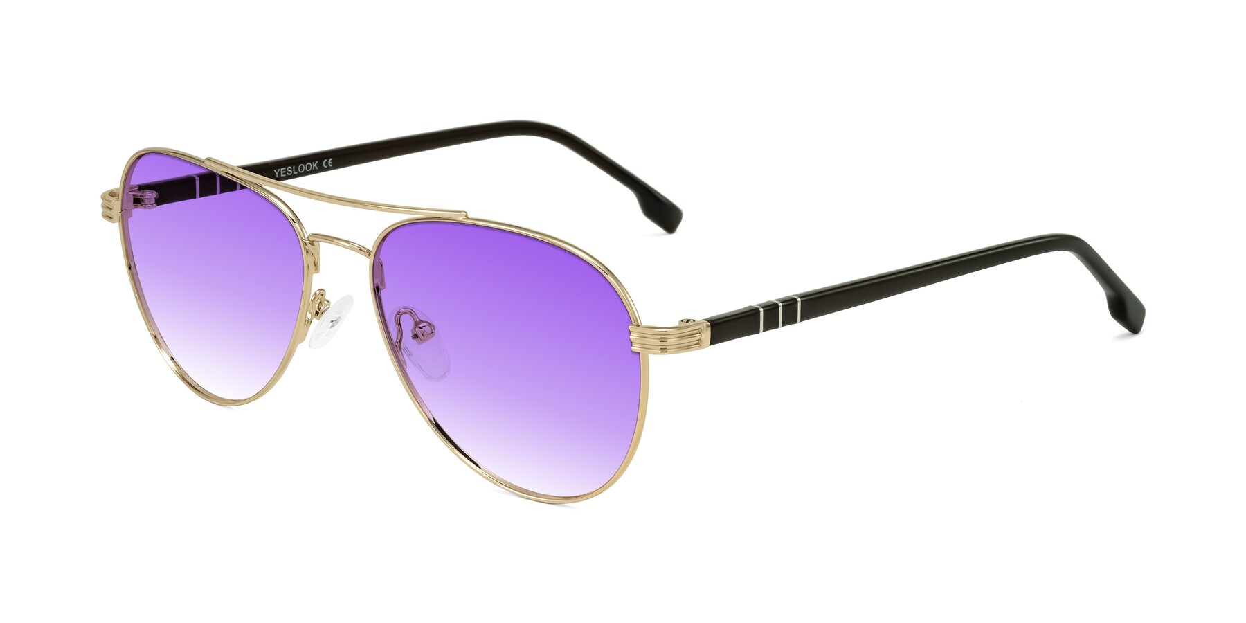 Angle of Aimo in Gold/Dark Brown with Purple Gradient Lenses