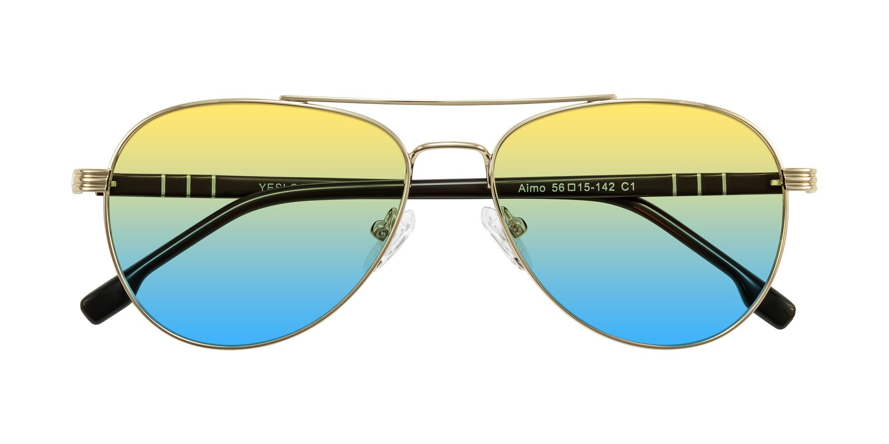 Folded Front of Aimo in Gold/Dark Brown with Yellow / Blue Gradient Lenses