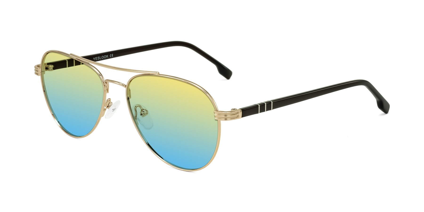 Angle of Aimo in Gold/Dark Brown with Yellow / Blue Gradient Lenses