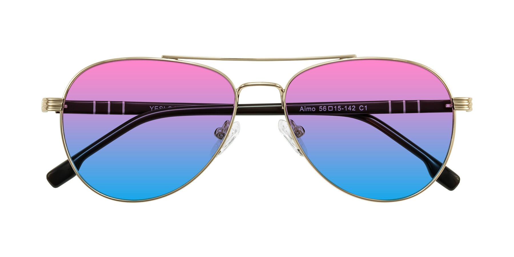 Folded Front of Aimo in Gold/Dark Brown with Pink / Blue Gradient Lenses