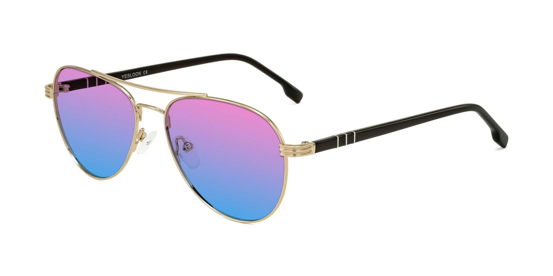 Angle of Aimo in Gold/Dark Brown with Pink / Blue Gradient Lenses