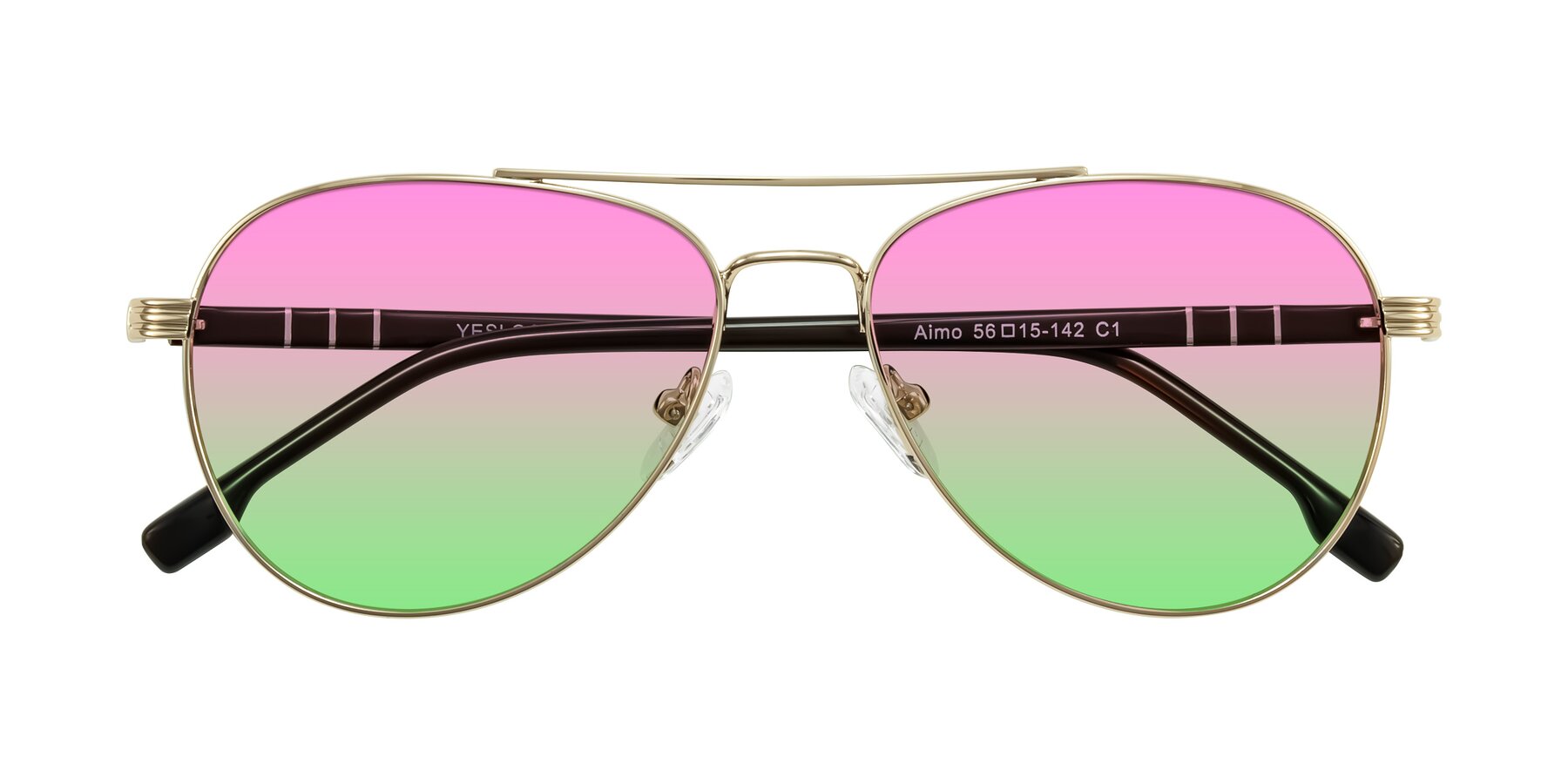 Folded Front of Aimo in Gold/Dark Brown with Pink / Green Gradient Lenses