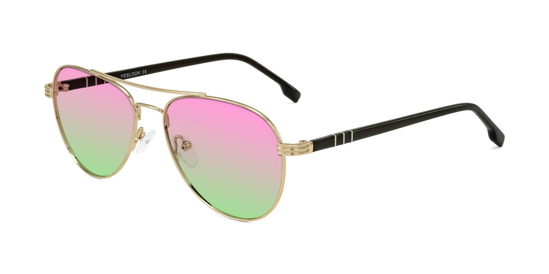 Angle of Aimo in Gold/Dark Brown with Pink / Green Gradient Lenses