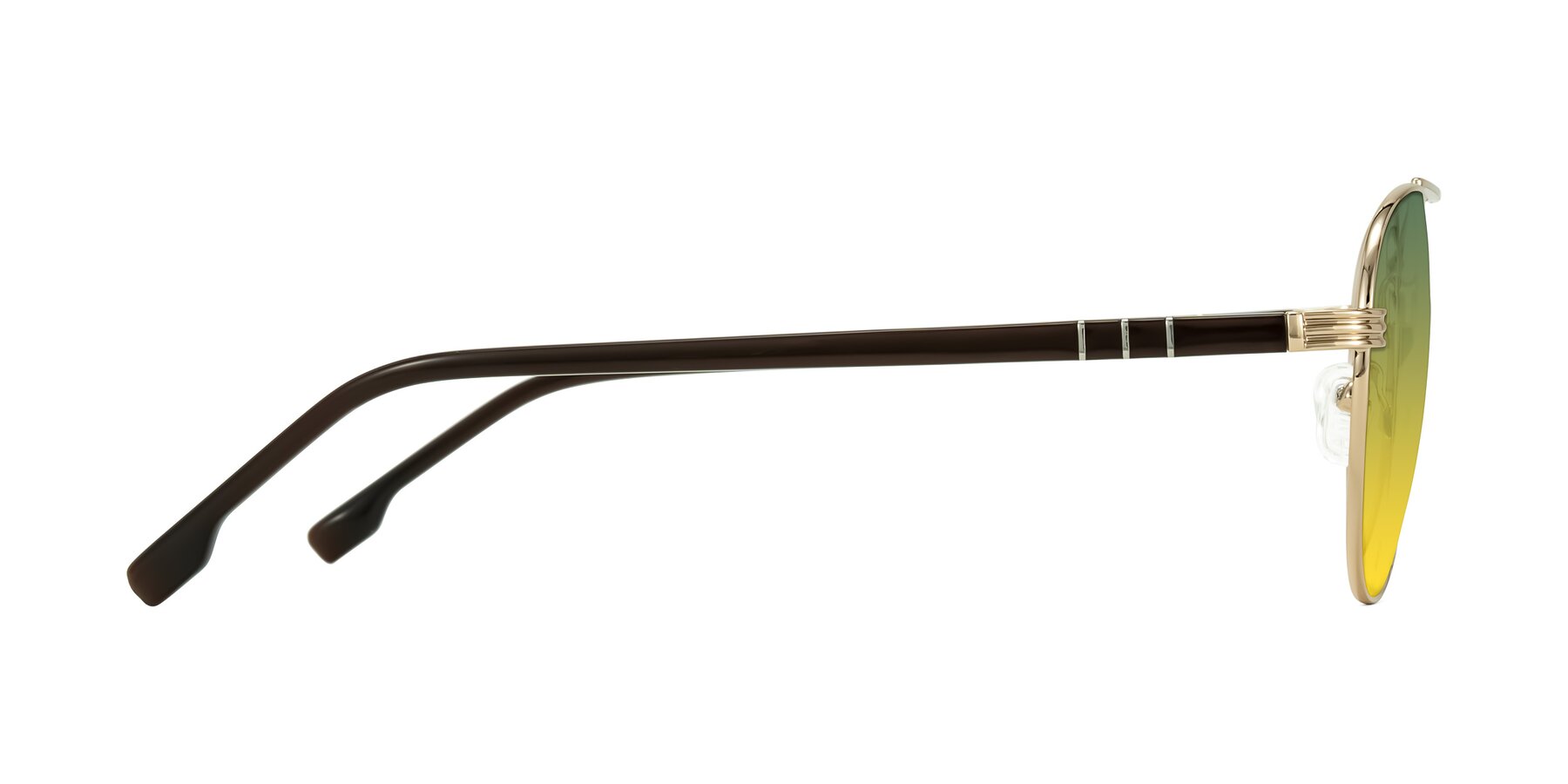 Side of Aimo in Gold/Dark Brown with Green / Yellow Gradient Lenses