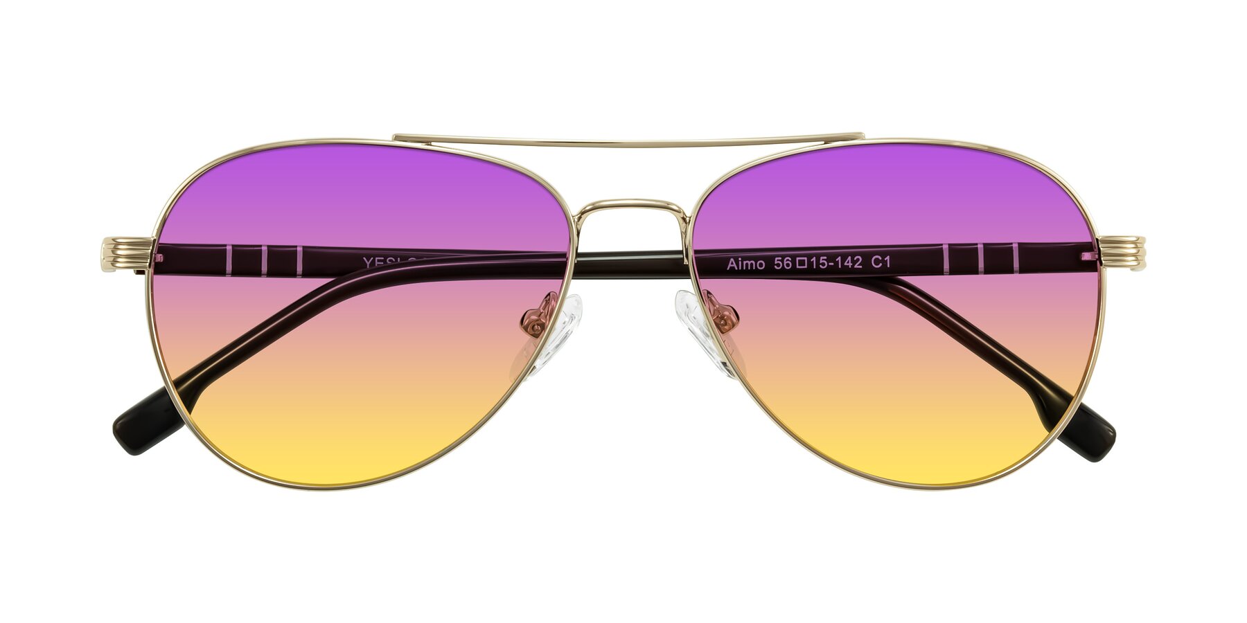 Folded Front of Aimo in Gold/Dark Brown with Purple / Yellow Gradient Lenses