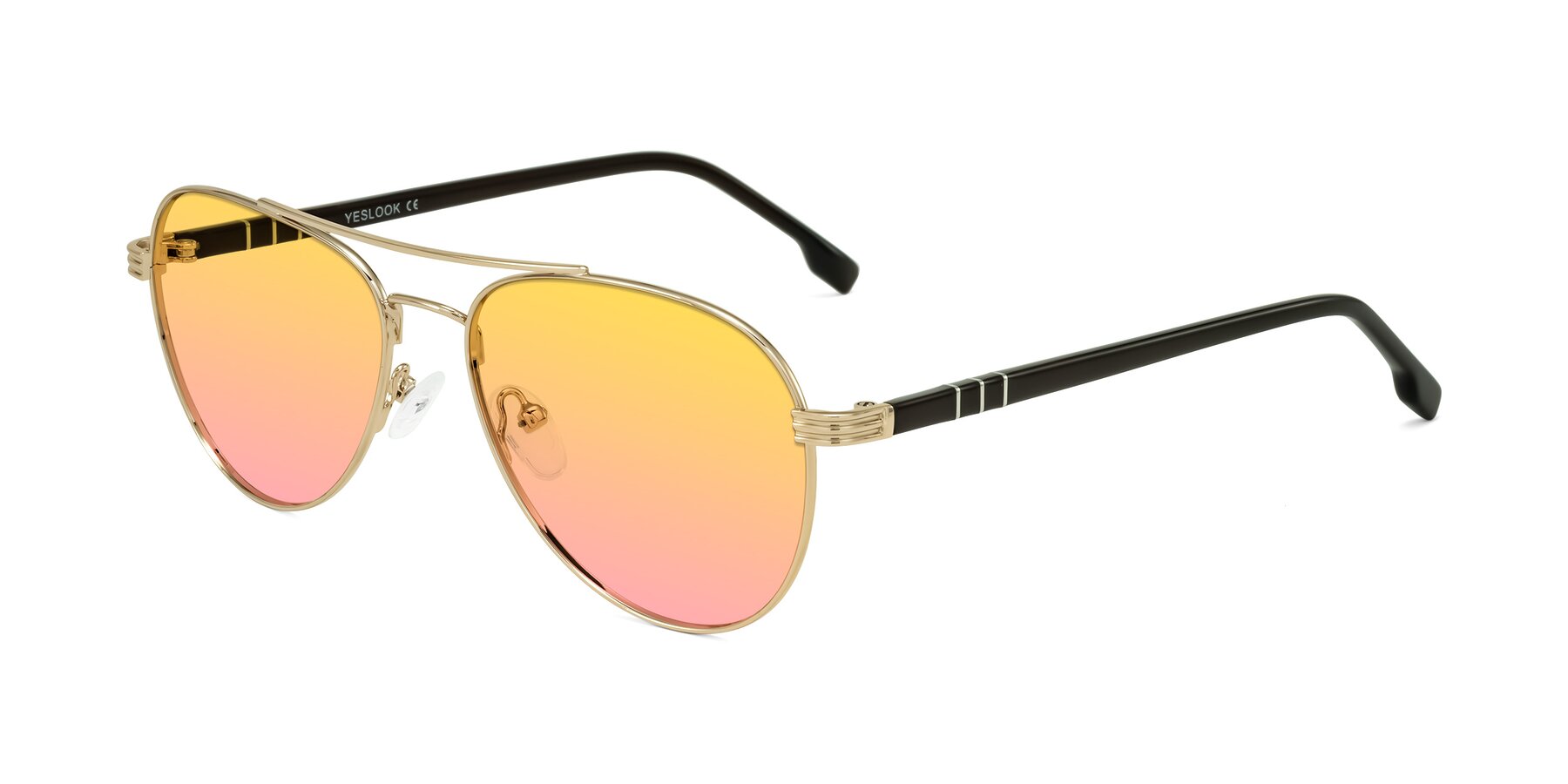Angle of Aimo in Gold/Dark Brown with Yellow / Pink Gradient Lenses