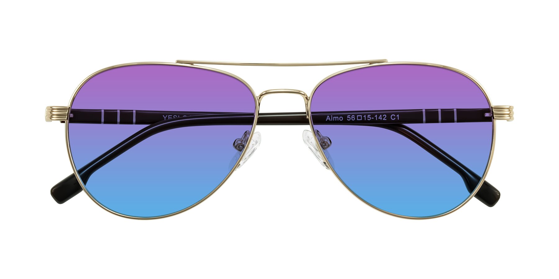 Folded Front of Aimo in Gold/Dark Brown with Purple / Blue Gradient Lenses