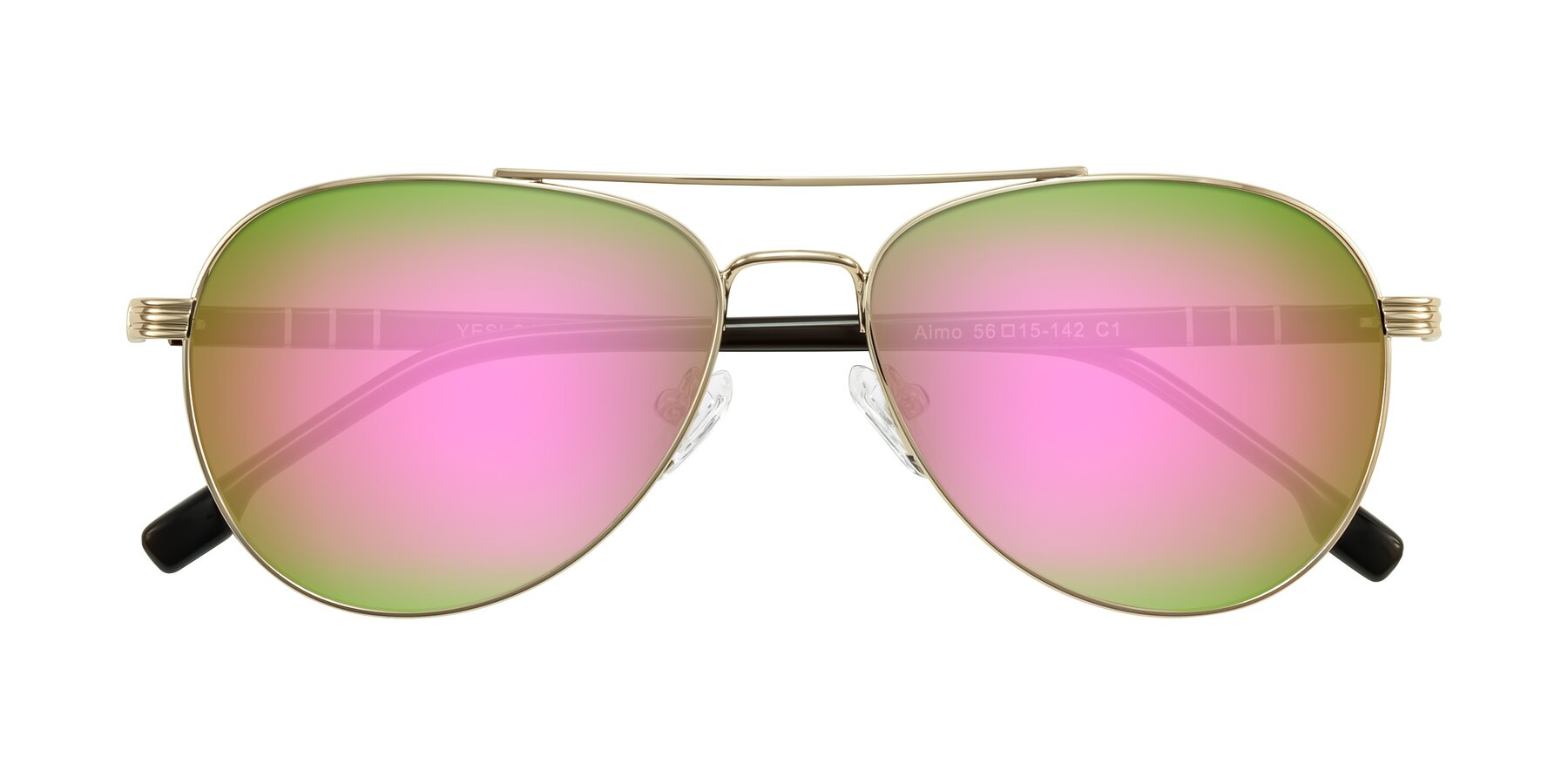Folded Front of Aimo in Gold/Dark Brown with Pink Mirrored Lenses