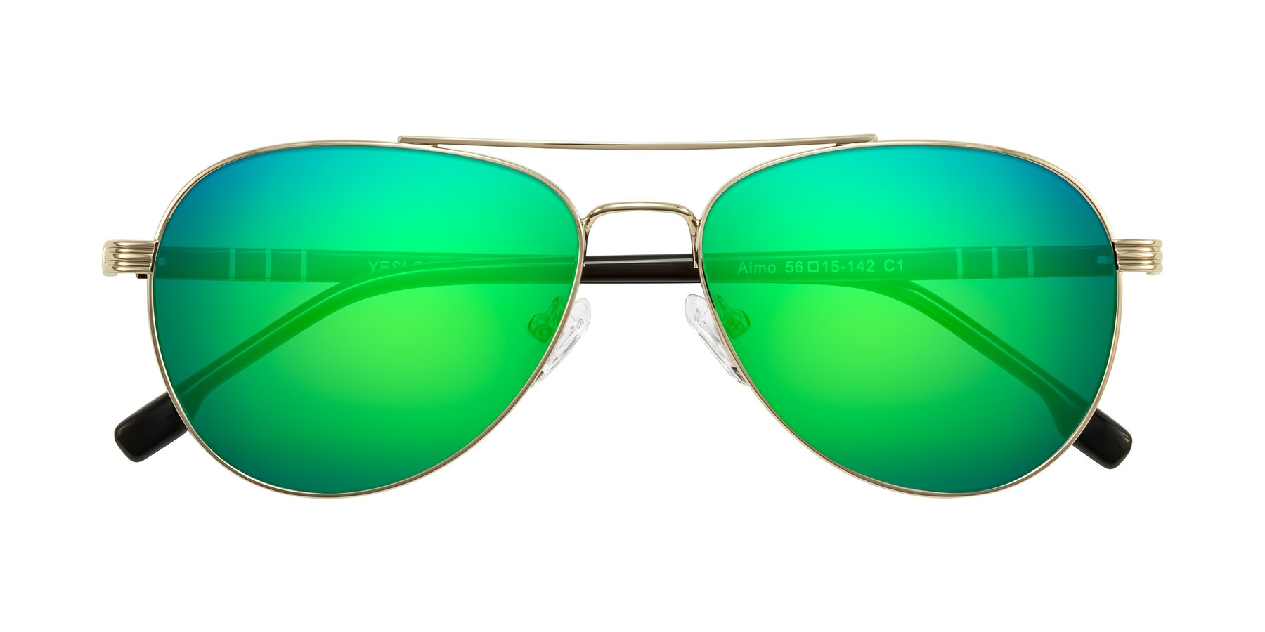 Folded Front of Aimo in Gold/Dark Brown with Green Mirrored Lenses