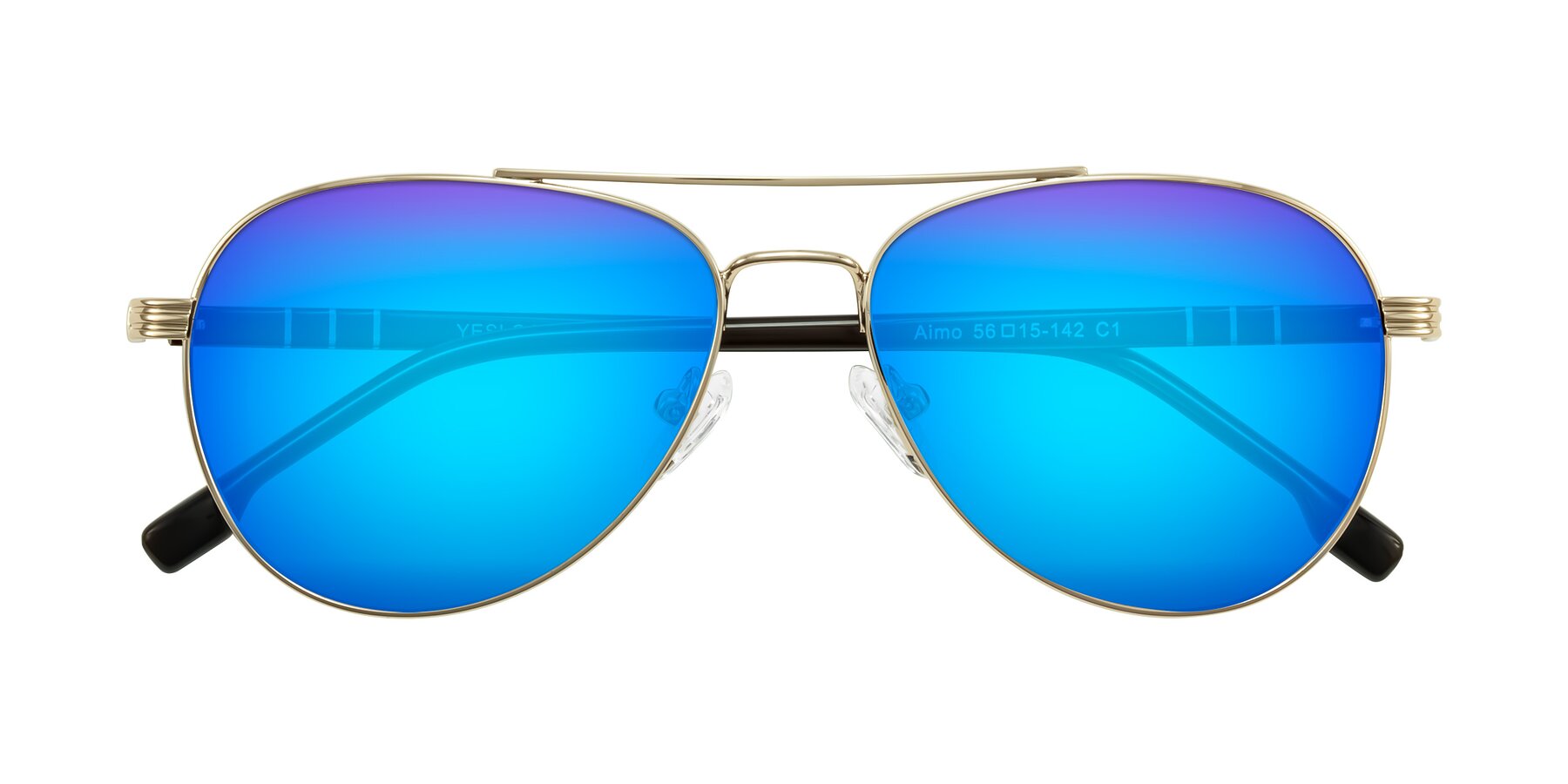 Folded Front of Aimo in Gold/Dark Brown with Blue Mirrored Lenses