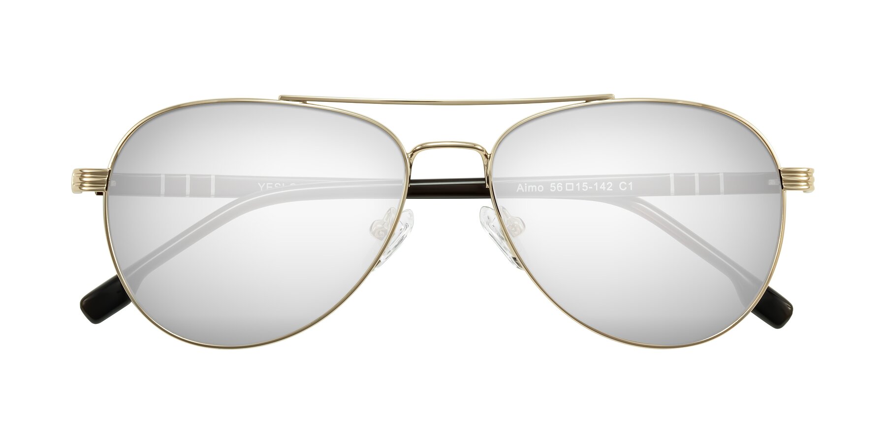 Folded Front of Aimo in Gold/Dark Brown with Silver Mirrored Lenses