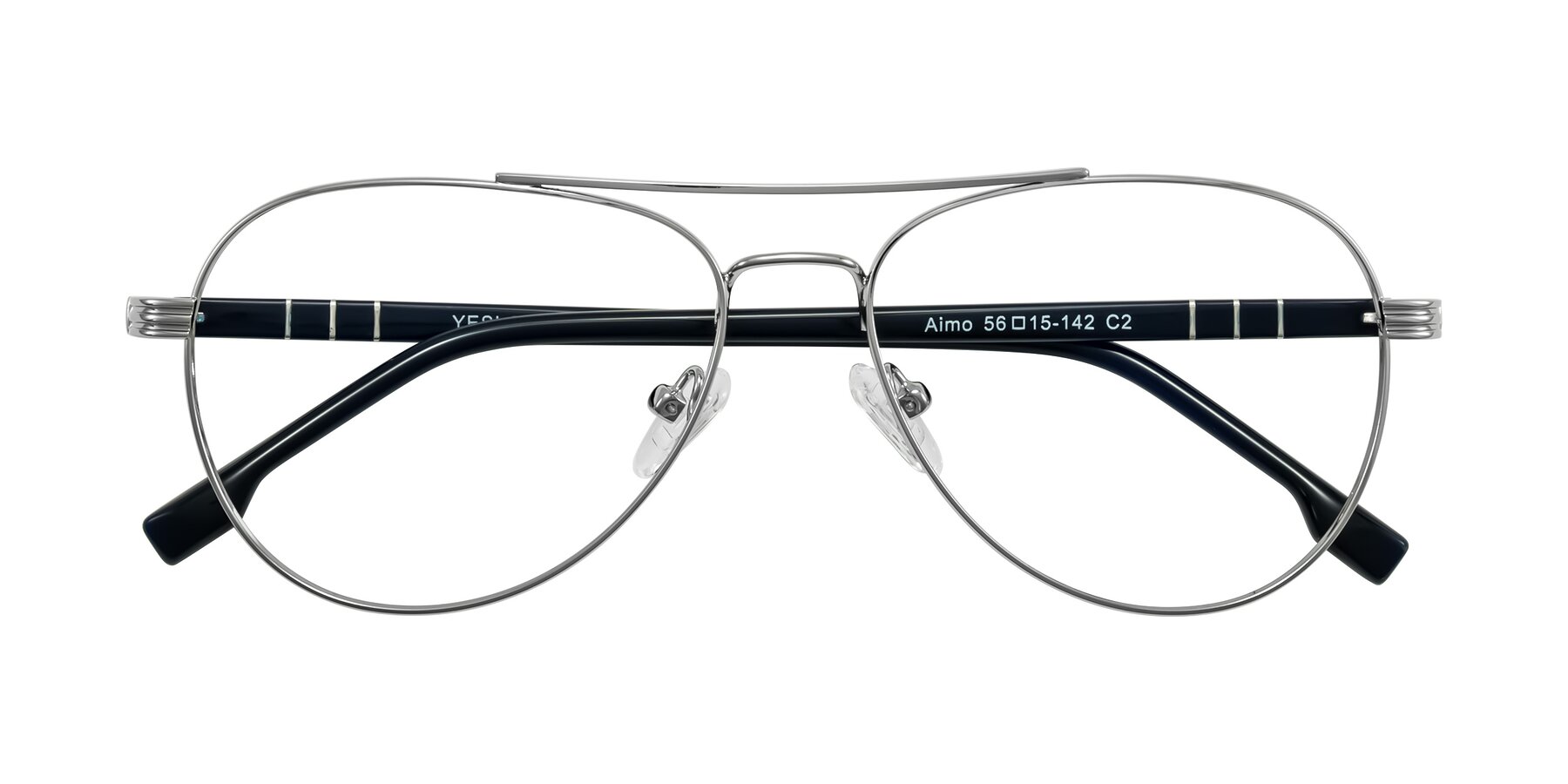 Folded Front of Aimo in Silver/Dark Blue with Clear Eyeglass Lenses