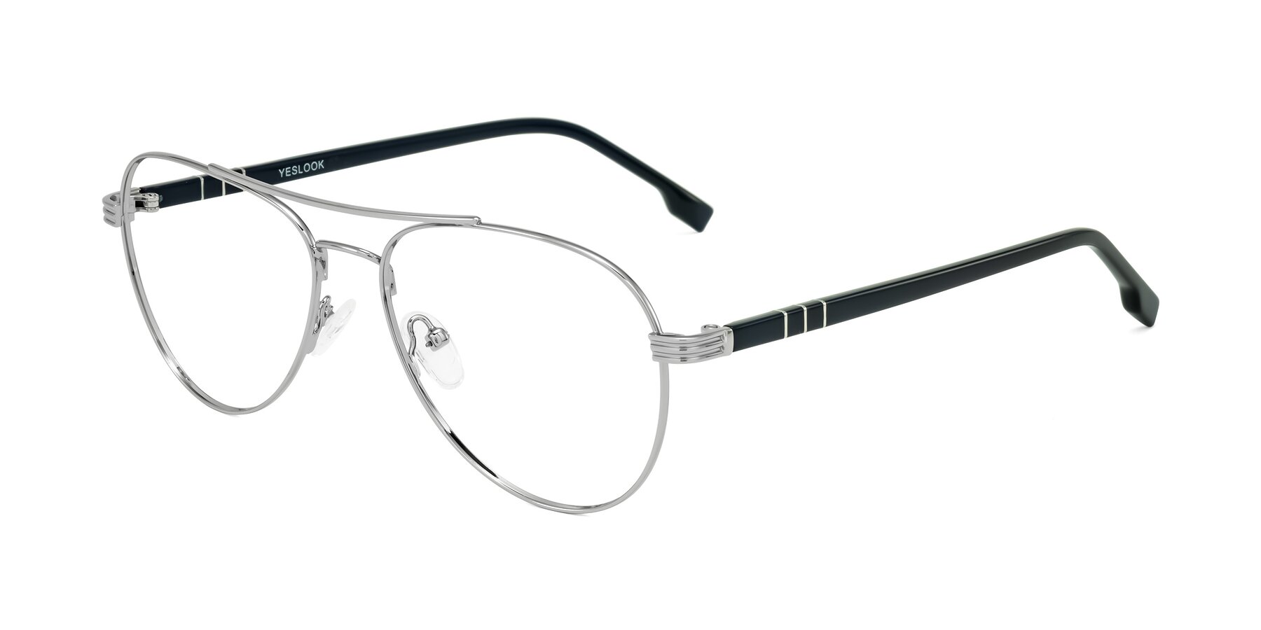 Angle of Aimo in Silver/Dark Blue with Clear Eyeglass Lenses