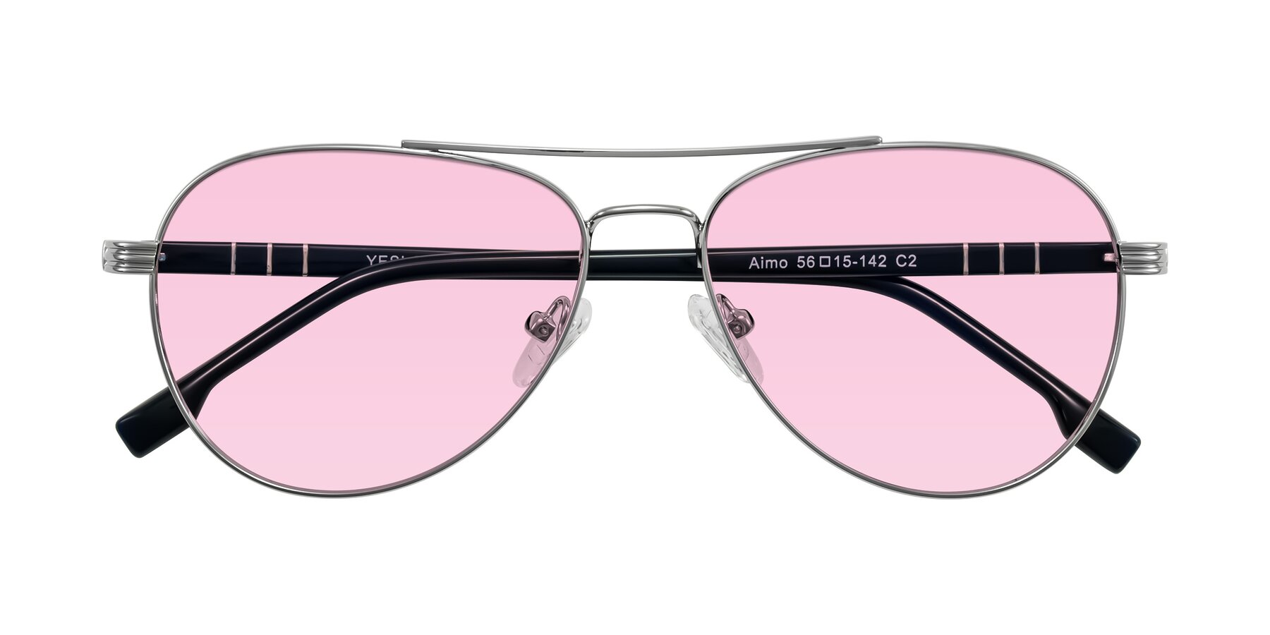 Folded Front of Aimo in Silver/Dark Blue with Light Pink Tinted Lenses