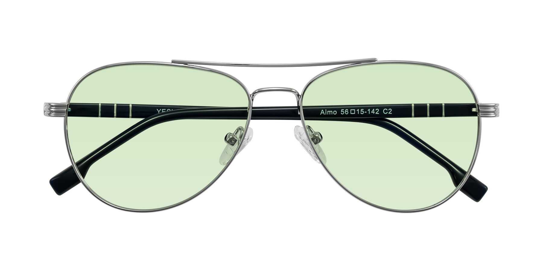 Folded Front of Aimo in Silver/Dark Blue with Light Green Tinted Lenses
