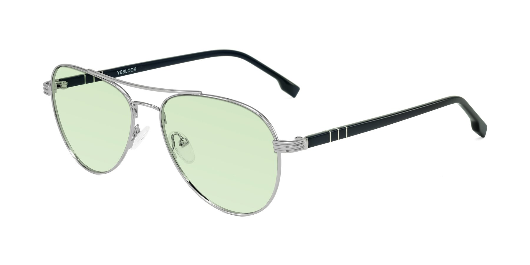 Angle of Aimo in Silver/Dark Blue with Light Green Tinted Lenses
