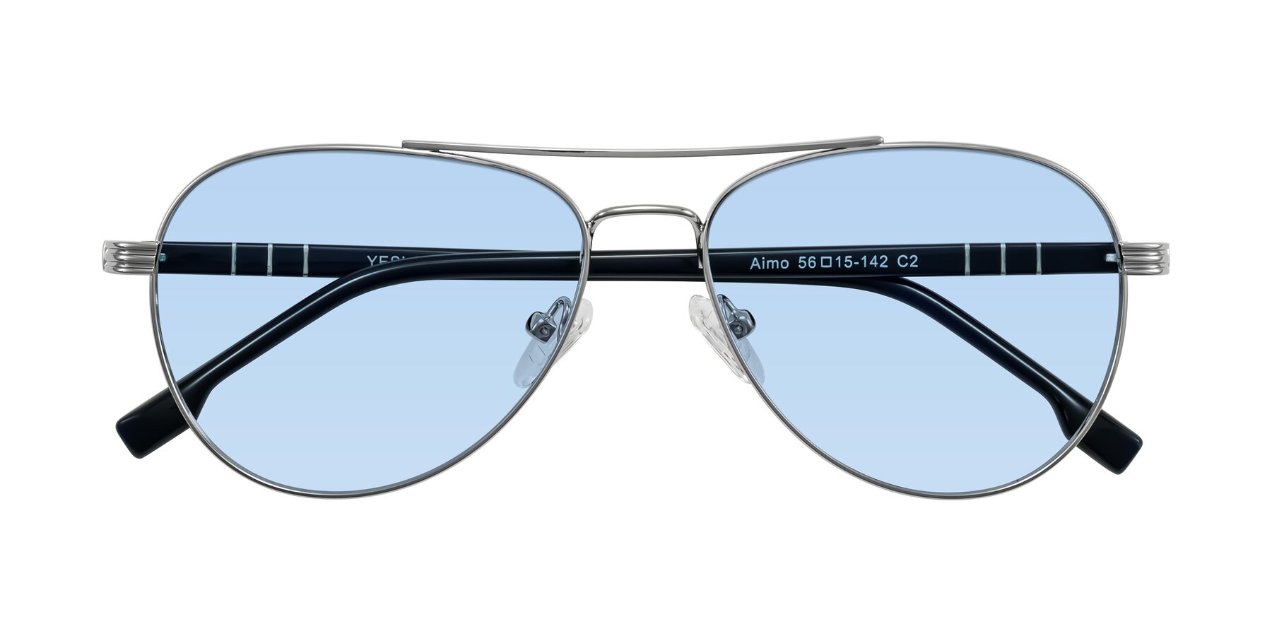 Folded Front of Aimo in Silver/Dark Blue with Light Blue Tinted Lenses