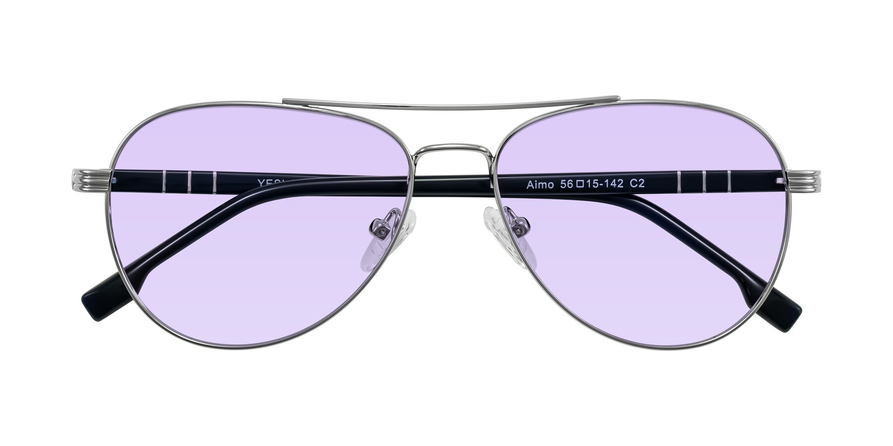Folded Front of Aimo in Silver/Dark Blue with Light Purple Tinted Lenses