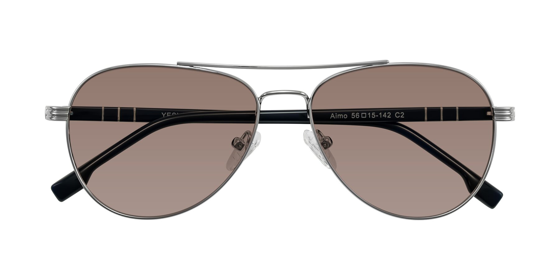 Folded Front of Aimo in Silver/Dark Blue with Medium Brown Tinted Lenses