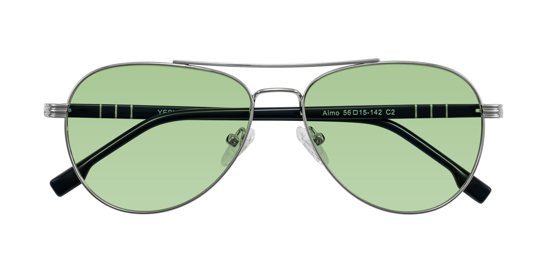 Folded Front of Aimo in Silver/Dark Blue with Medium Green Tinted Lenses