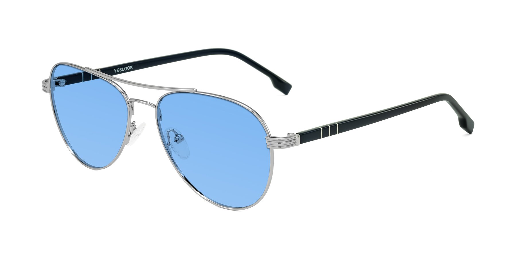 Angle of Aimo in Silver/Dark Blue with Medium Blue Tinted Lenses