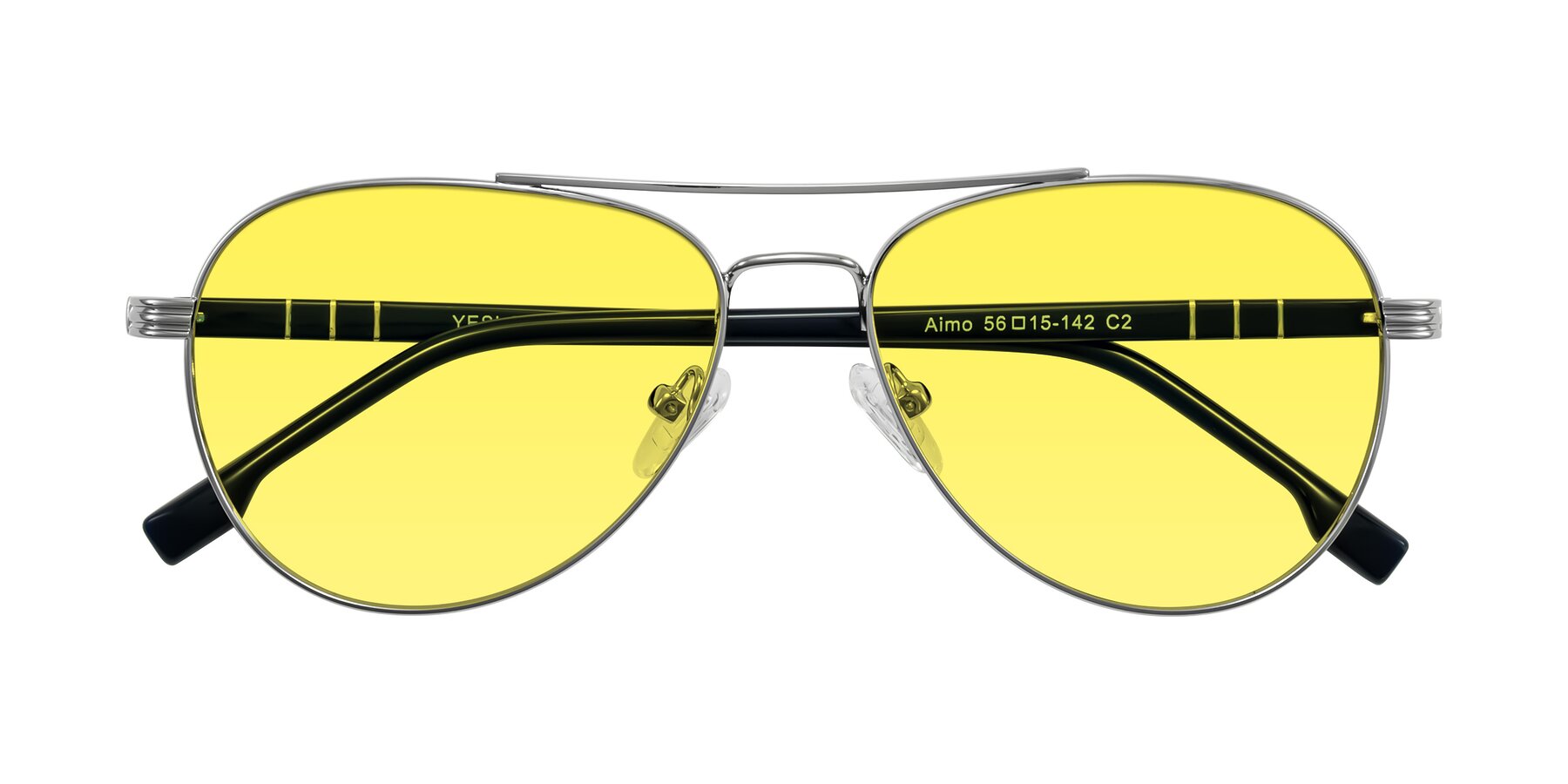 Folded Front of Aimo in Silver/Dark Blue with Medium Yellow Tinted Lenses