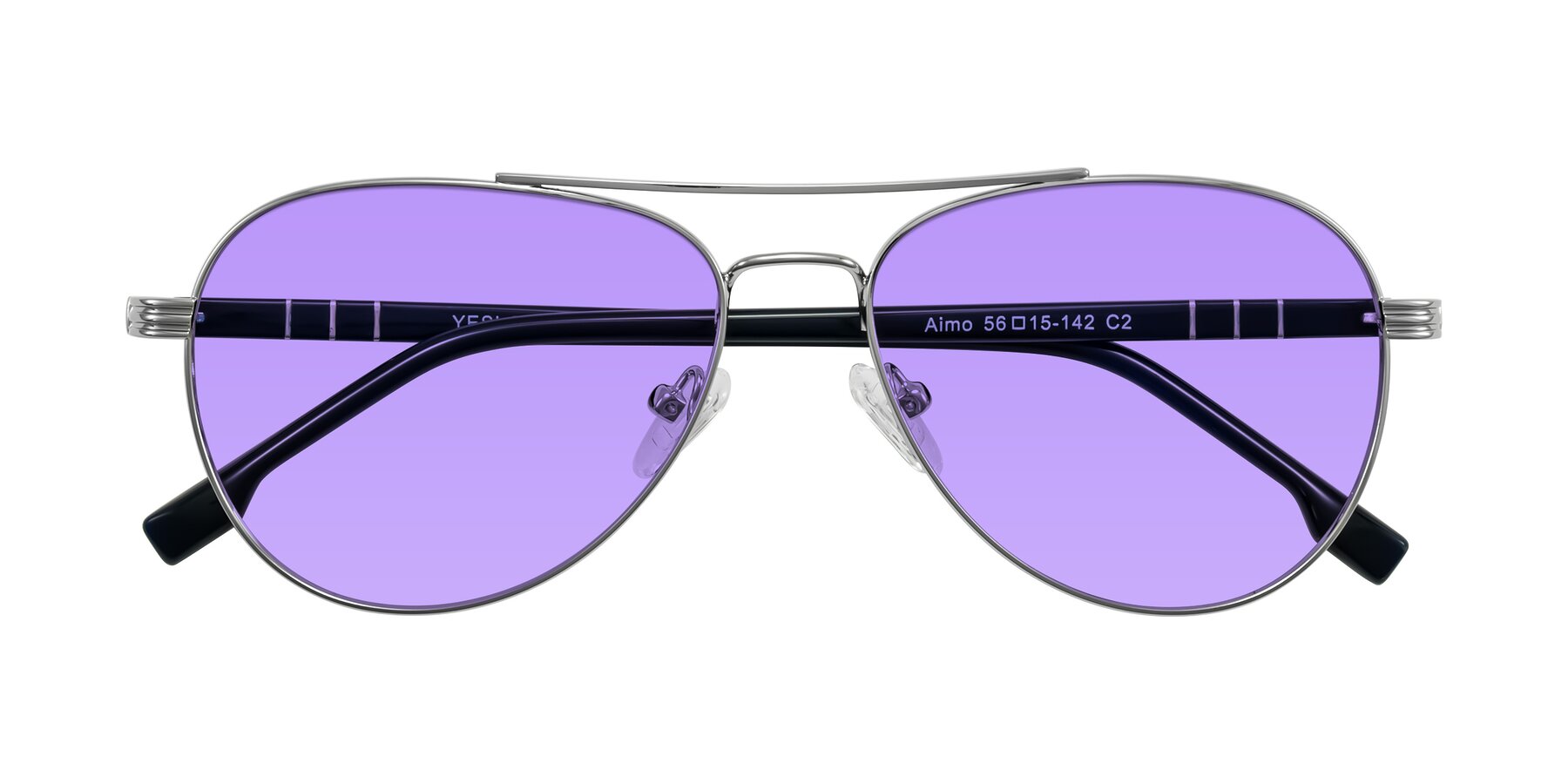Folded Front of Aimo in Silver/Dark Blue with Medium Purple Tinted Lenses