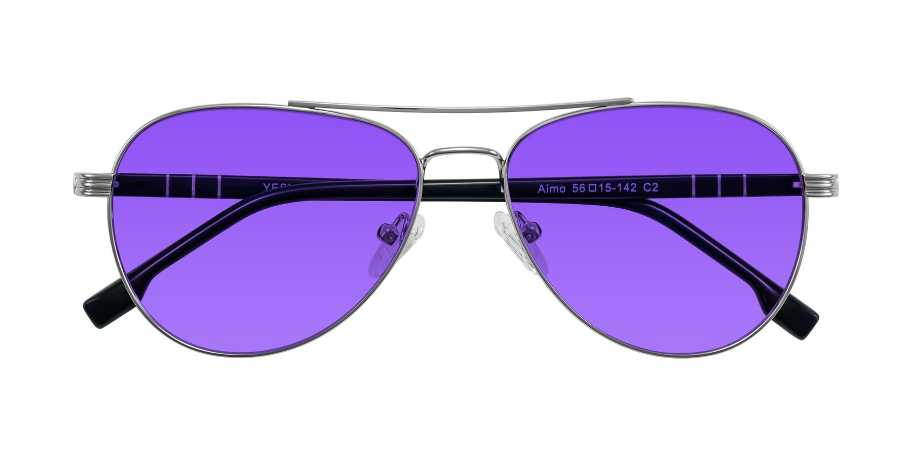 Folded Front of Aimo in Silver/Dark Blue with Purple Tinted Lenses