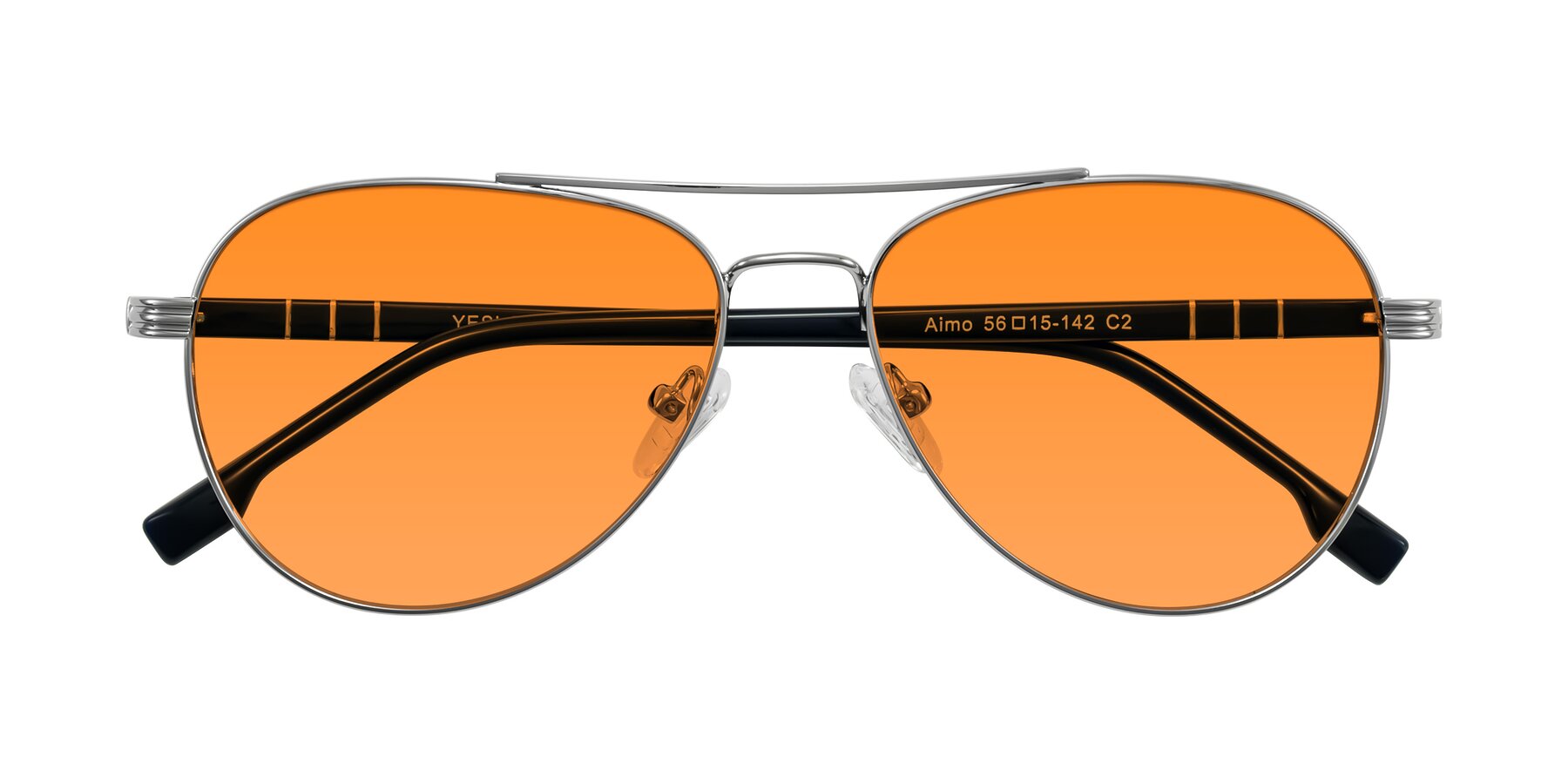 Folded Front of Aimo in Silver/Dark Blue with Orange Tinted Lenses