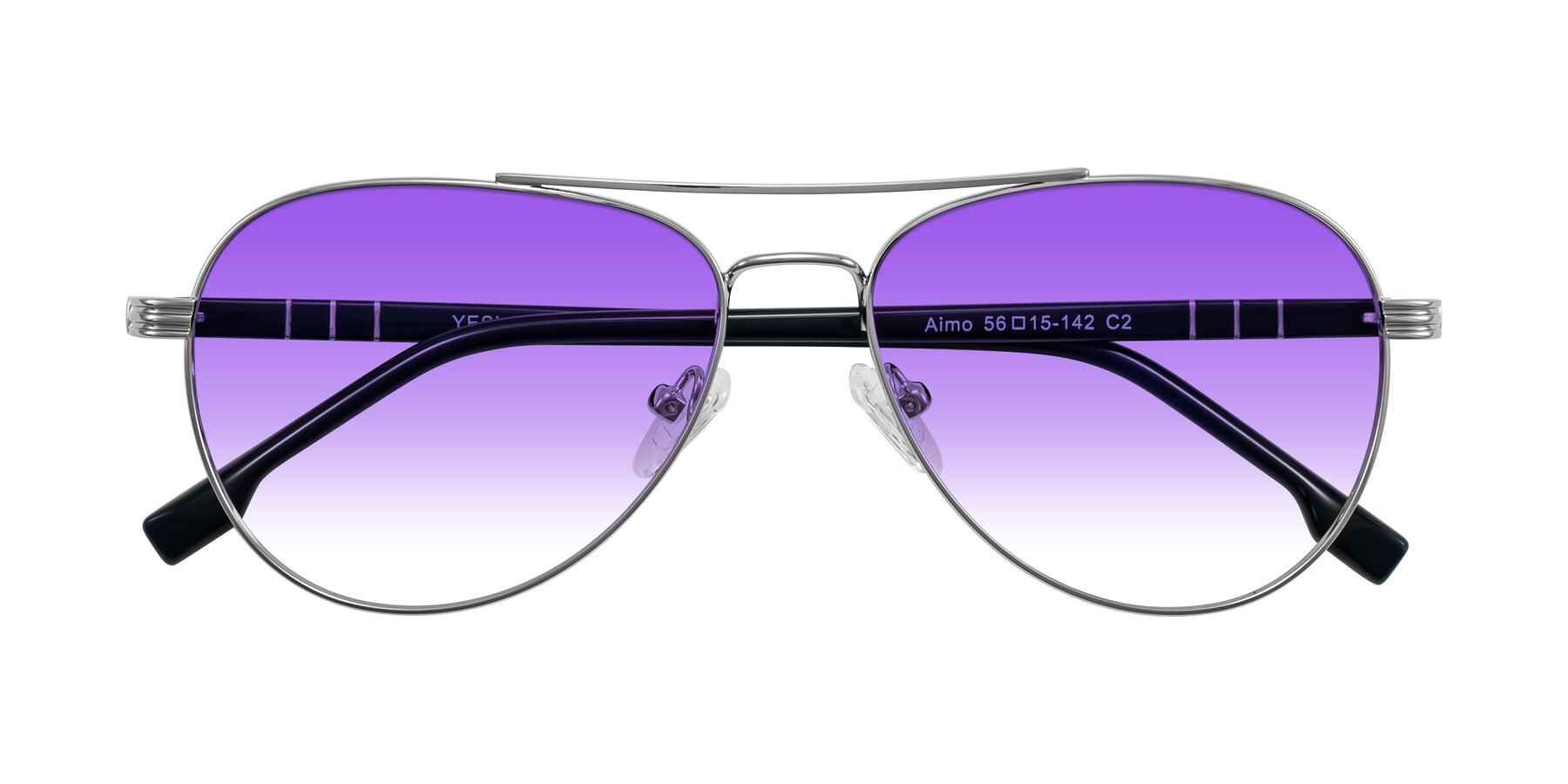 Folded Front of Aimo in Silver/Dark Blue with Purple Gradient Lenses