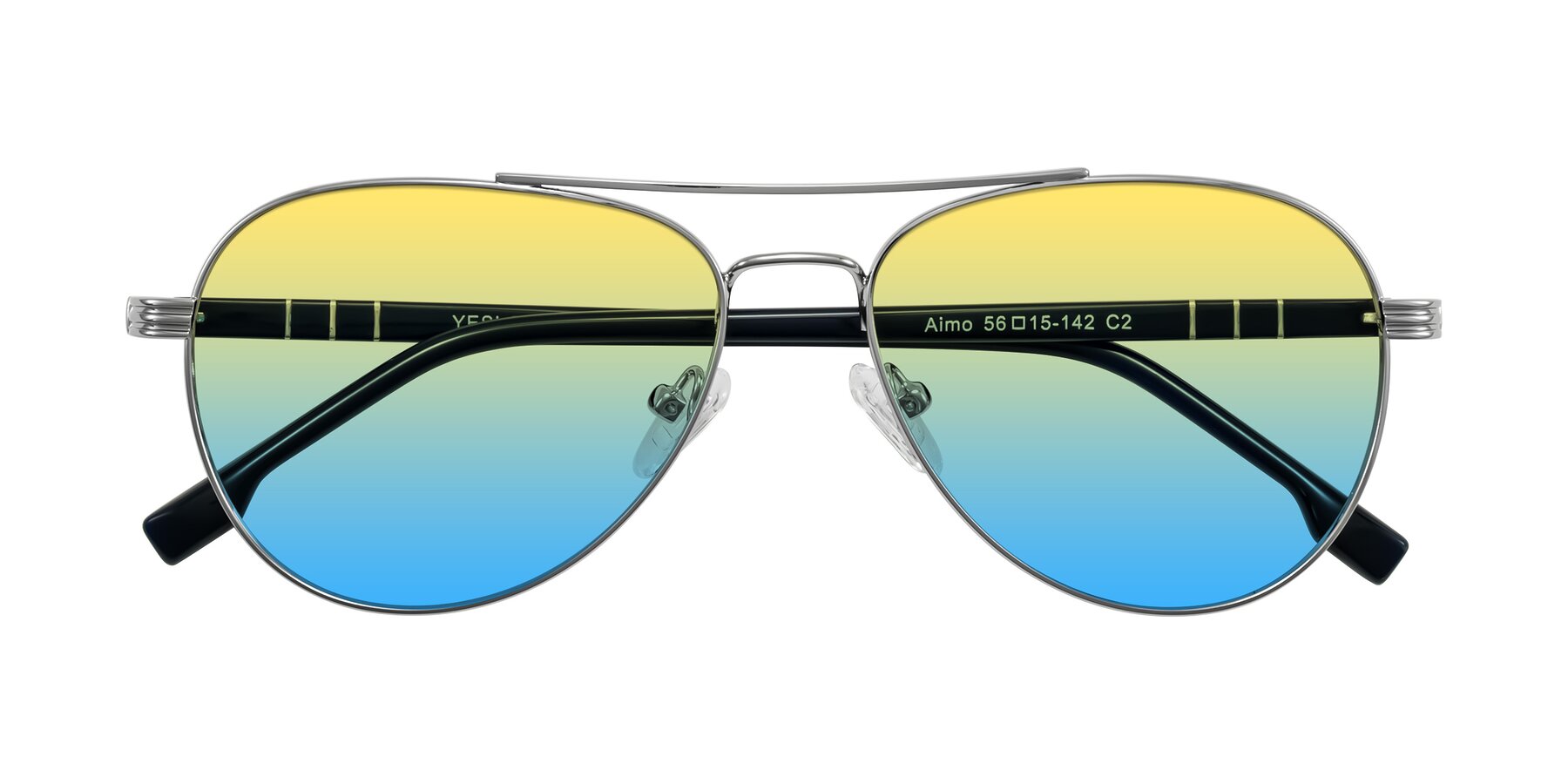 Folded Front of Aimo in Silver/Dark Blue with Yellow / Blue Gradient Lenses