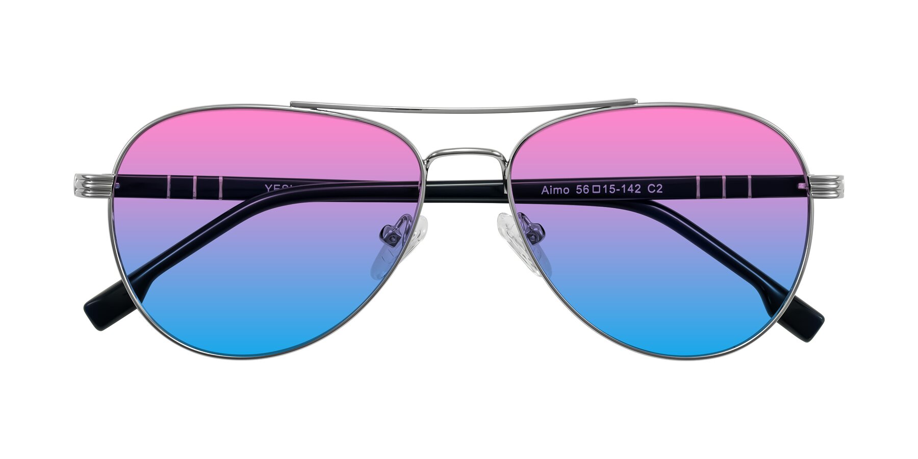 Folded Front of Aimo in Silver/Dark Blue with Pink / Blue Gradient Lenses