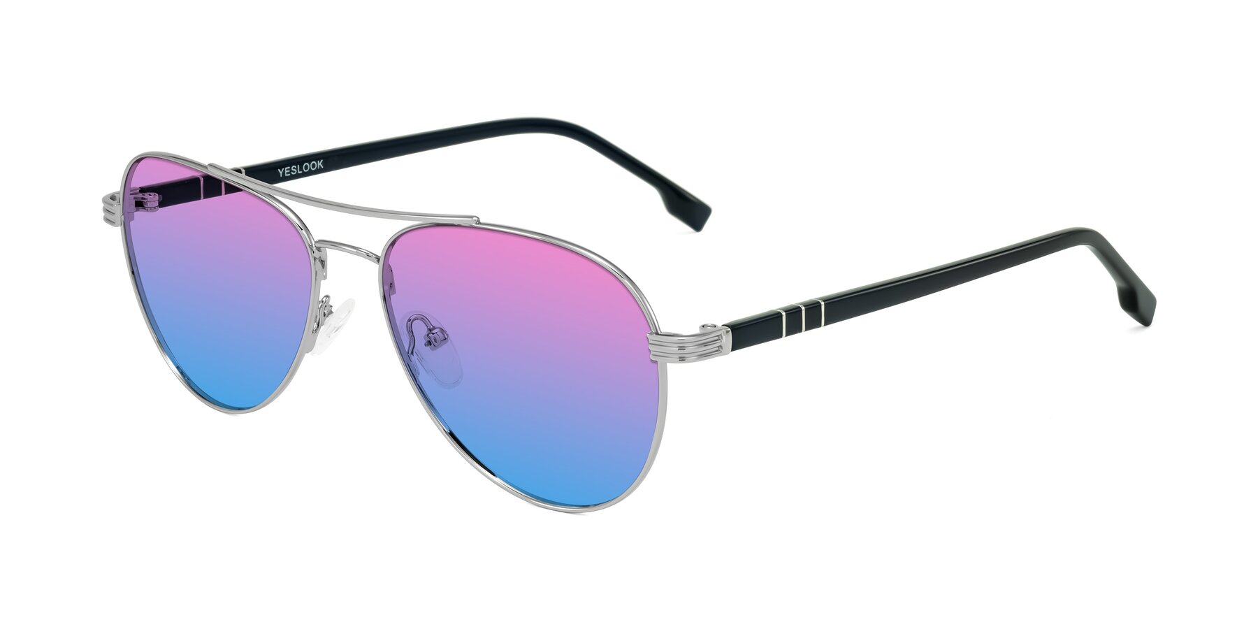 Angle of Aimo in Silver/Dark Blue with Pink / Blue Gradient Lenses