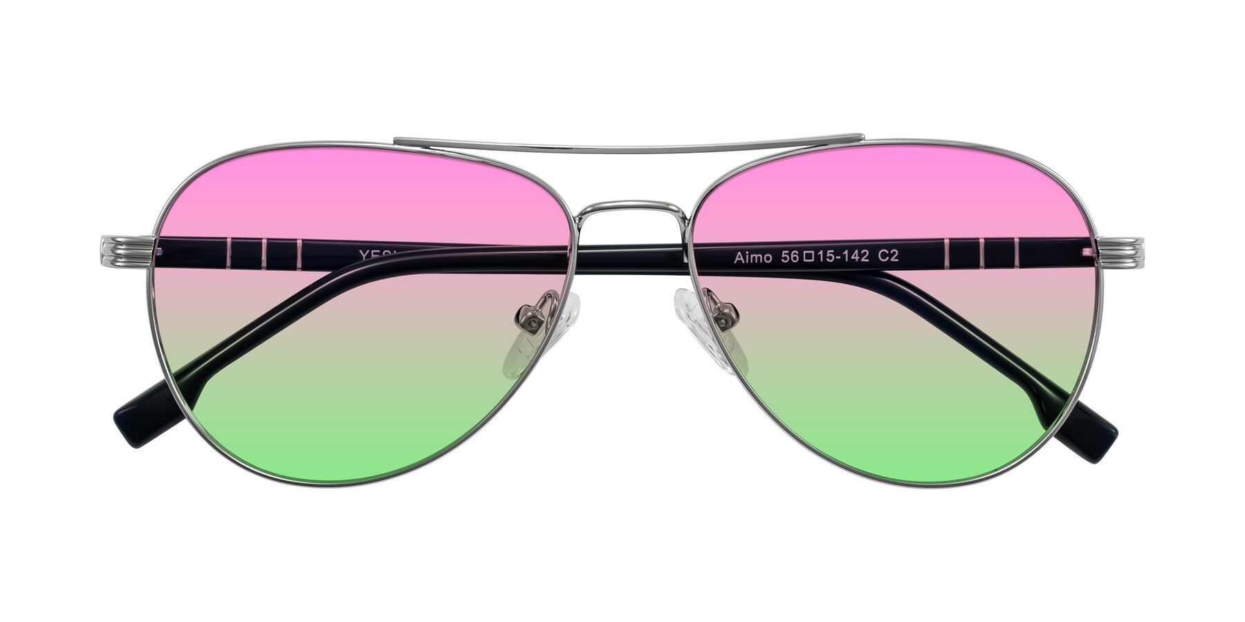 Folded Front of Aimo in Silver/Dark Blue with Pink / Green Gradient Lenses