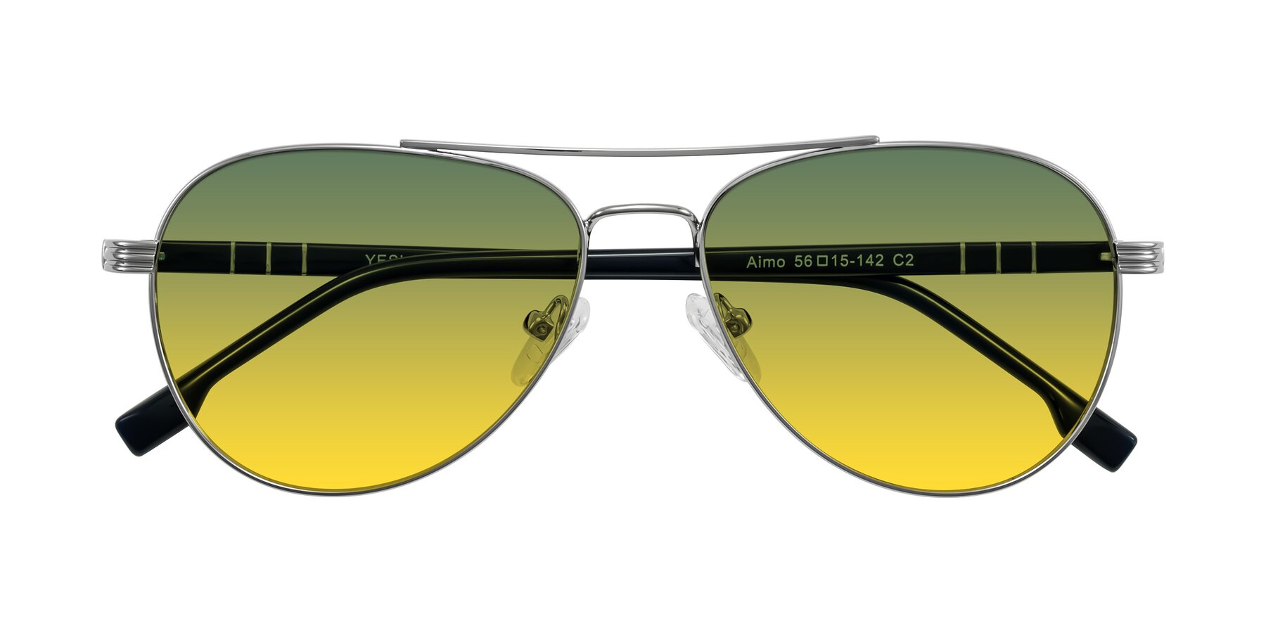 Folded Front of Aimo in Silver/Dark Blue with Green / Yellow Gradient Lenses